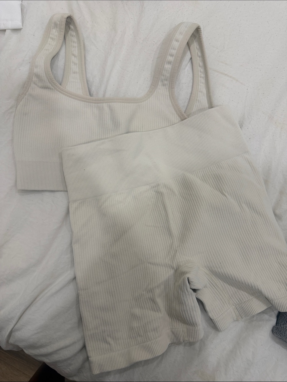 Seamless Ribbed Sports Bra and High-Waist Shorts Set - Cream